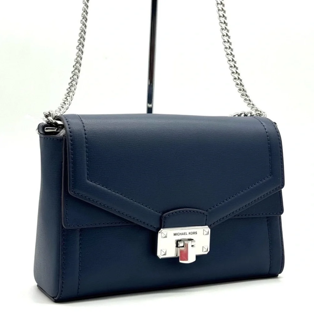 Michael Kors Kinsley leather Medium shoulder Flap Crossbody Bag Navy Blue